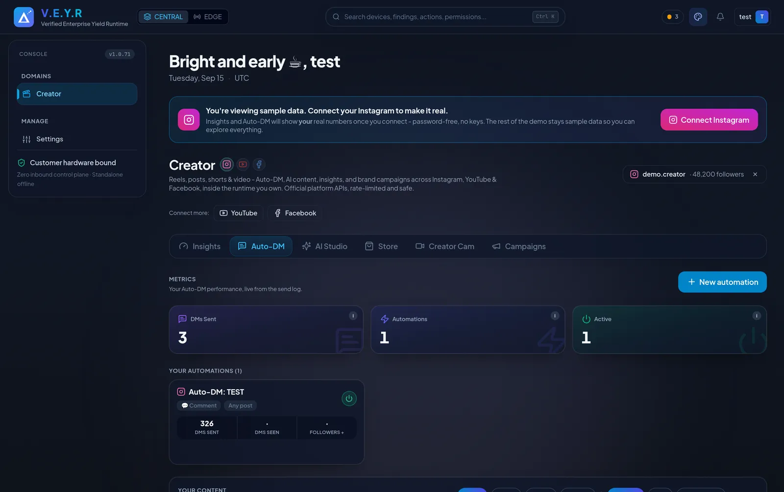 The Auto-DM builder - triggers, variants, follow-gate, and a live simulator